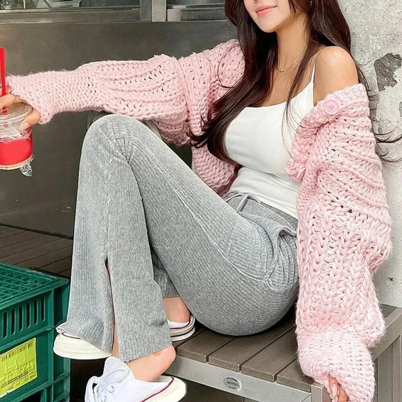 Pink Casual Women's Solid Color Cable Knit Oversized Open Front Cardigan Sweater - Picture 3 of 5